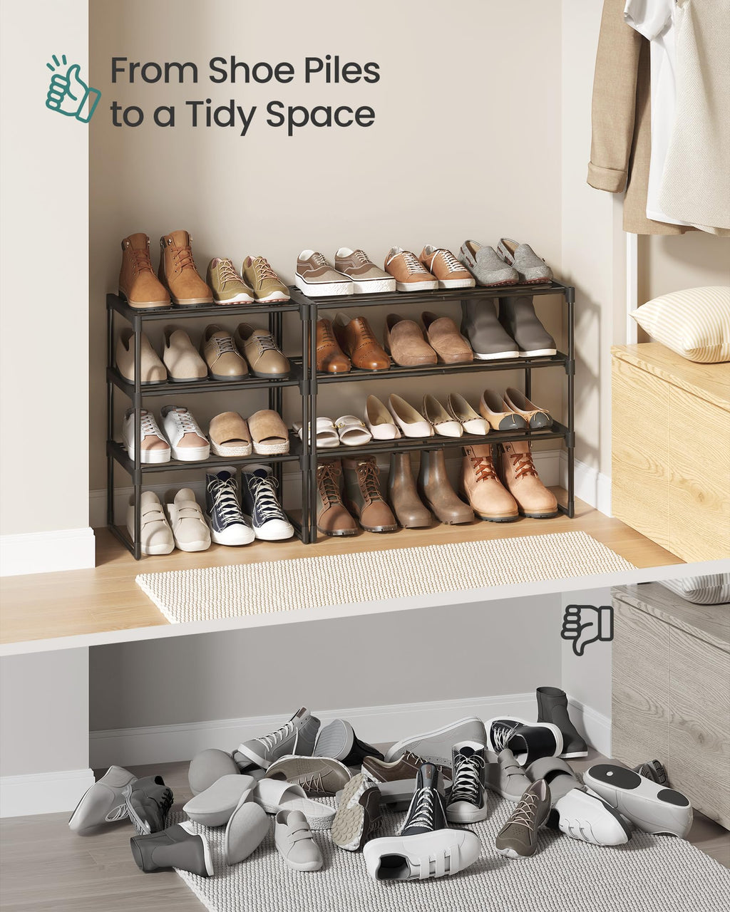 SONGMICS Shoe Rack, 3-Tier Shoe Organizer, Metal Storage Shelf, Upright or Upside Down, for 16-20 Pairs, Stackable, for Entryway, 11.8 x 36.2 x 21.7 Inches, Black ULSA303B02