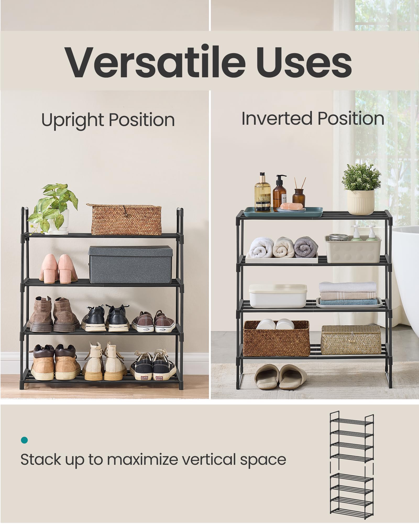 SONGMICS Shoe Rack, 3-Tier Shoe Organizer, Metal Storage Shelf, Upright or Upside Down, for 16-20 Pairs, Stackable, for Entryway, 11.8 x 36.2 x 21.7 Inches, Black ULSA303B02