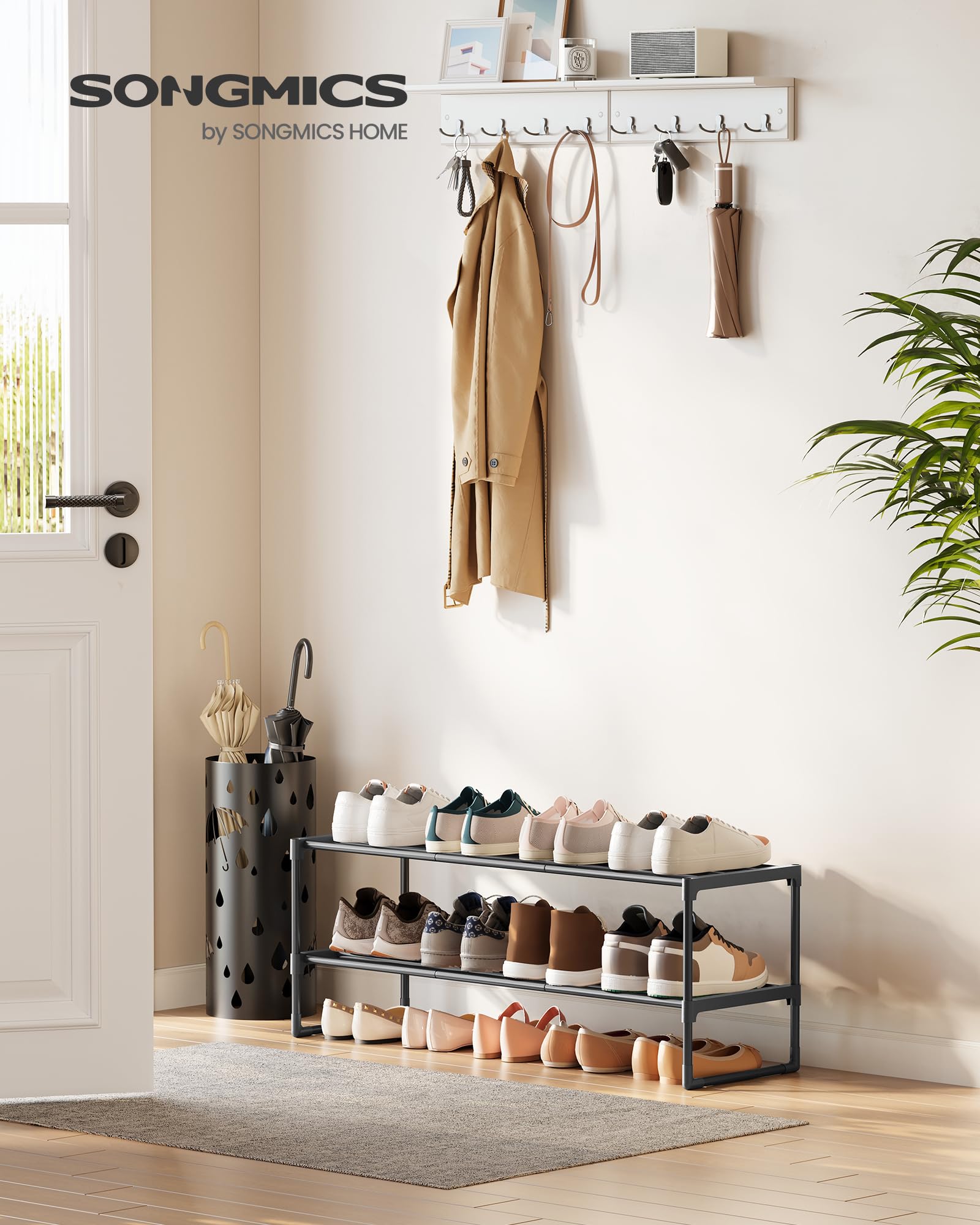 SONGMICS Shoe Rack, 3-Tier Shoe Organizer, Metal Storage Shelf, Upright or Upside Down, for 16-20 Pairs, Stackable, for Entryway, 11.8 x 36.2 x 21.7 Inches, Black ULSA303B02