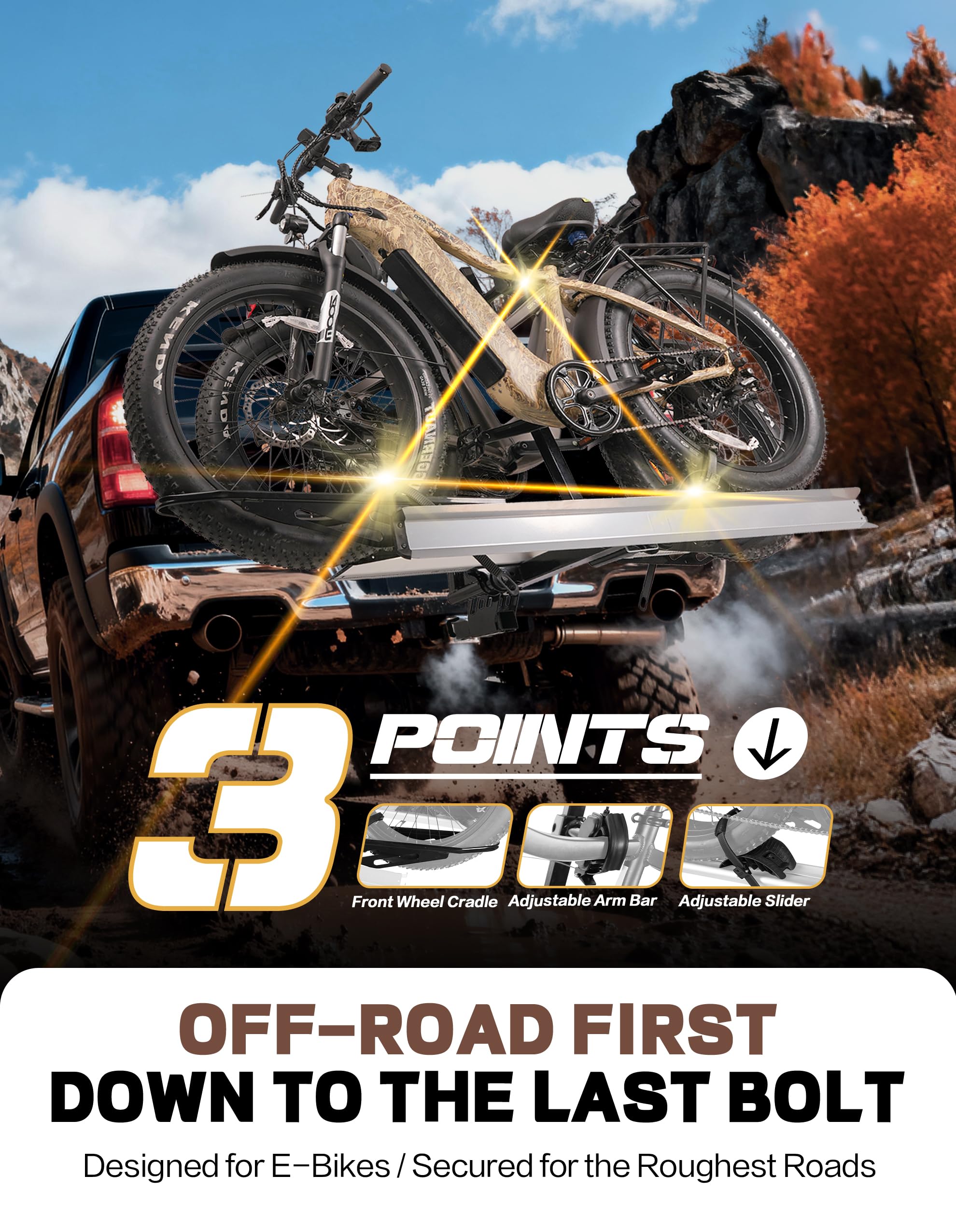 RokRack S One 1-Ebike Rack with Ramp, 100 lbs Capacity, Single Hitch Mount Electric Bike Rack, Fits up to 5" Fat Tire Width and 50" Wheelbase, Ebike Carrier Rack for 2" Receiver for Cars SUVs Vans RVs