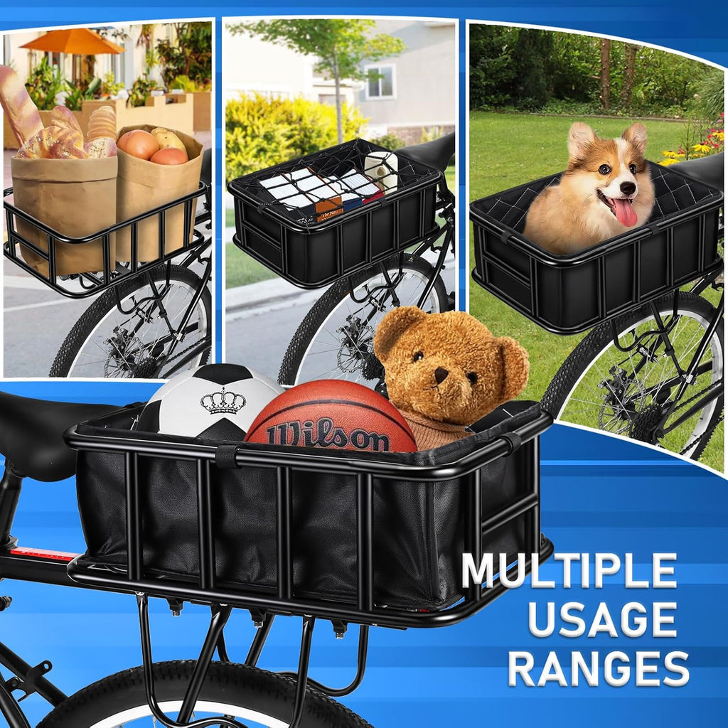 Upgraded Rear Bike Rack with Basket, Removable Adjustable Bike Basket Rear with Liner,Waterproof Cover,Cargo Net, Heavy Duty Bicycle Rear Basket for Most Bikes and E-Bike