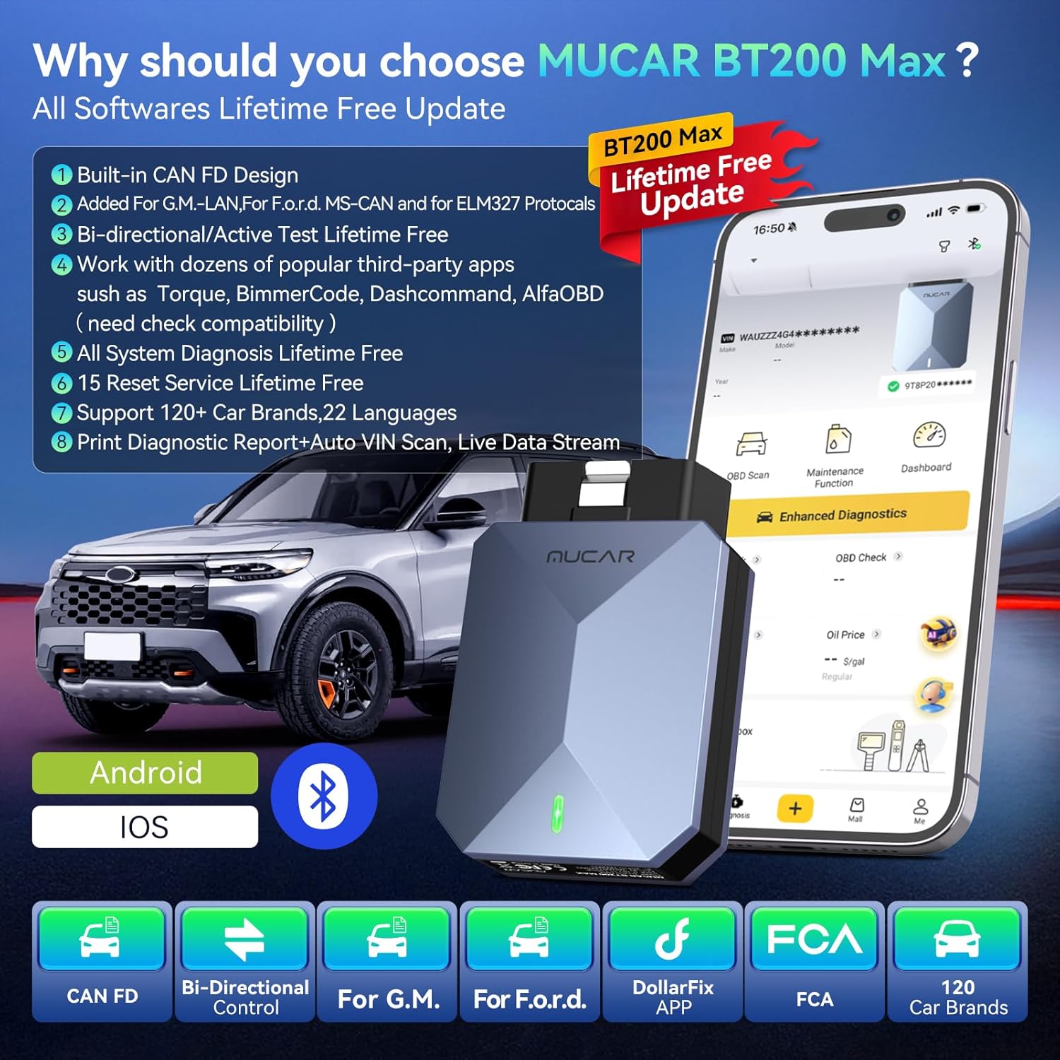 MUCAR AI-Assisted OBD2 Scanner Bluetooth Lifetime Update, BT200 MAX Compatible with ELM327, All System OBD2 Diagnostic Tool with 15 Resets for iOS & Android, CANFD Protocol, Autoauth for FCA SGW