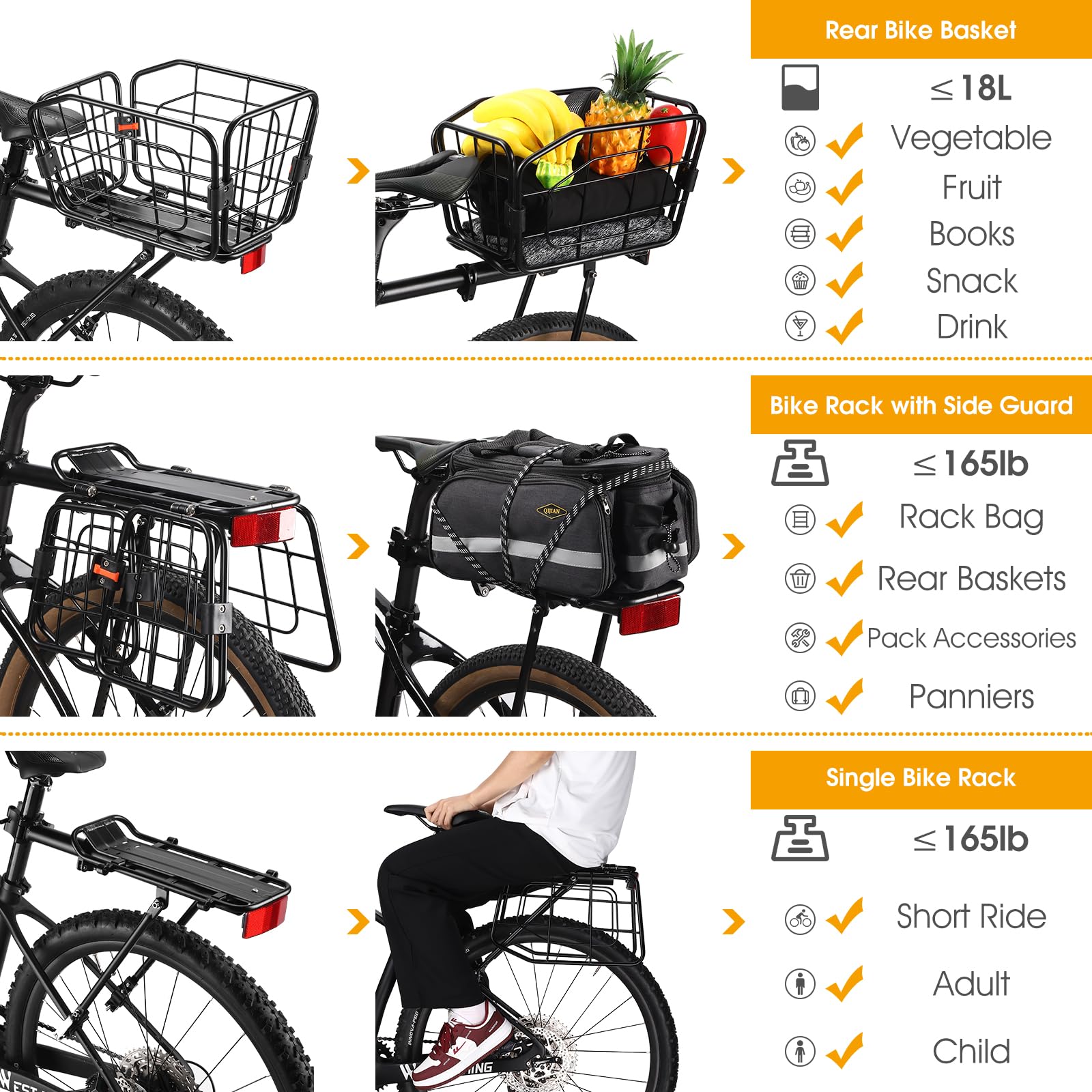 Rear Bike Rack with Basket, 165 LB Load - Aluminum Alloy Cargo Rack for Back of Bike with Free Bungee Cord & Waterproof Cover & Installation Tool