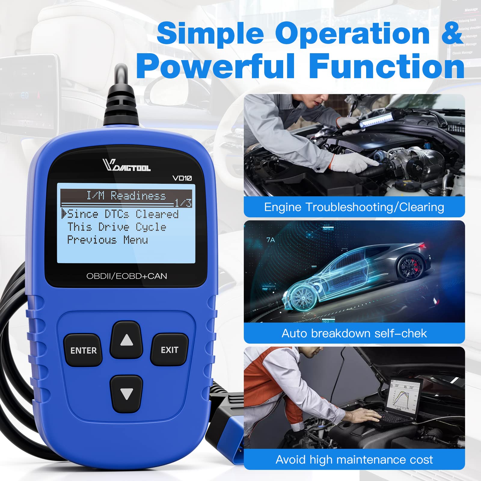 VDIAGTOOL VD10 OBD2 Scanner Code Reader Car Diagnostic Tool Engine Fault Code Reader for Turn Off CEL with Freeze Frame/I/M Readiness for All OBDII Protocol Cars, OBD2 Scanner Diagnostic Tool