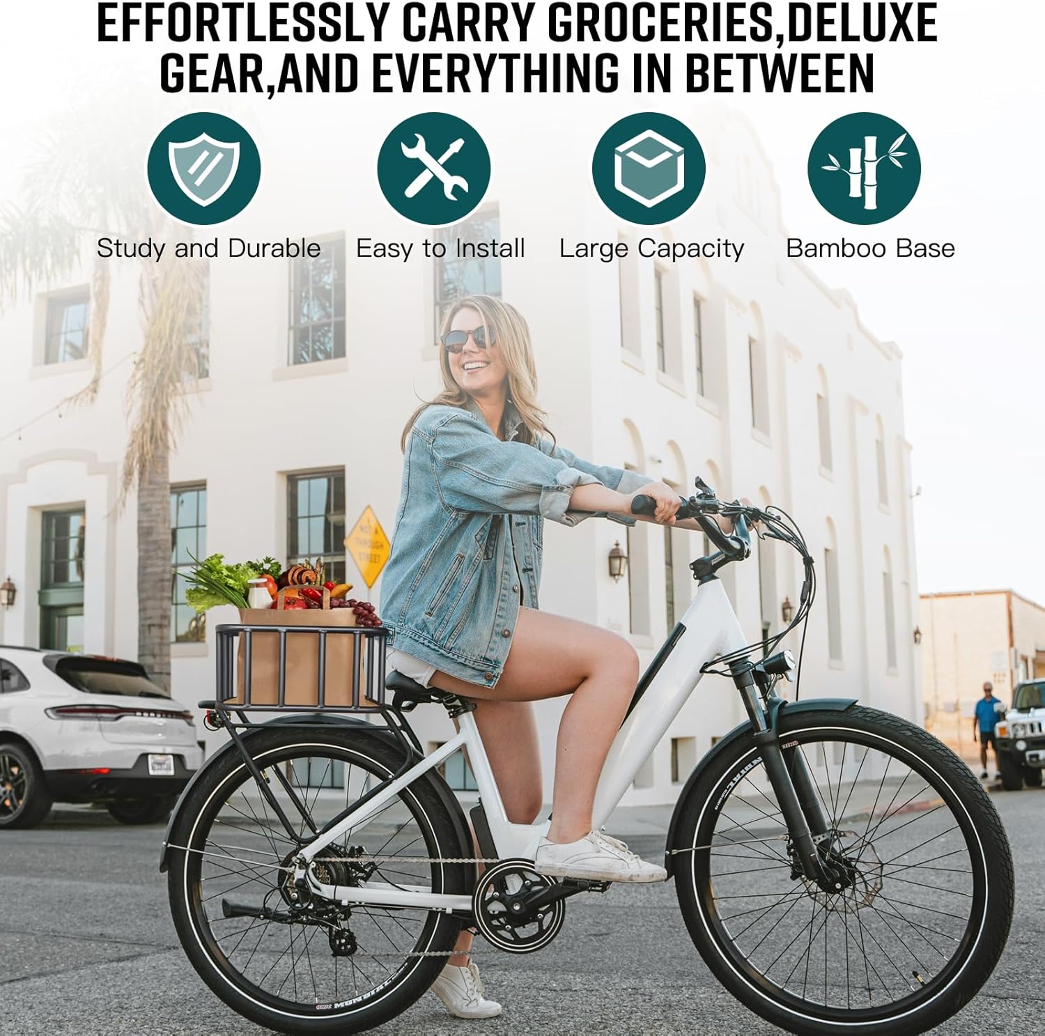 RAYMACE Bike Basket Rear, Bamboo Base Bicycle Basket with Rainproof Cover, Liner & Cargo Net, Large Capacity Rear Bike Rack Baskets Fits Most Bikes & E-Bike