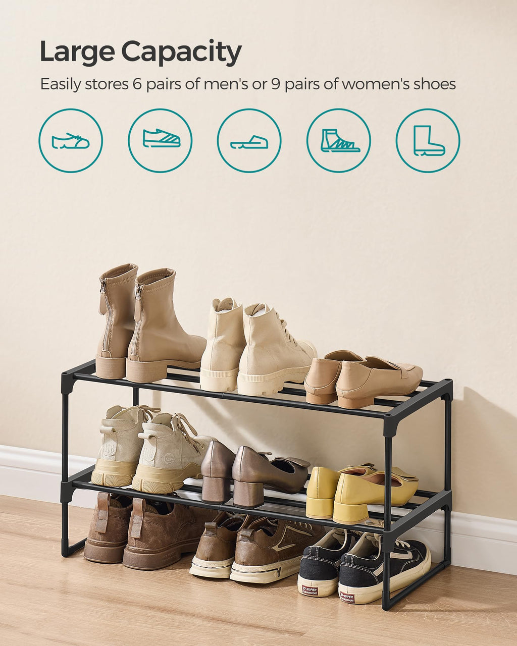 SONGMICS Shoe Rack, 3-Tier Shoe Organizer, Metal Storage Shelf, Upright or Upside Down, for 16-20 Pairs, Stackable, for Entryway, 11.8 x 36.2 x 21.7 Inches, Black ULSA303B02