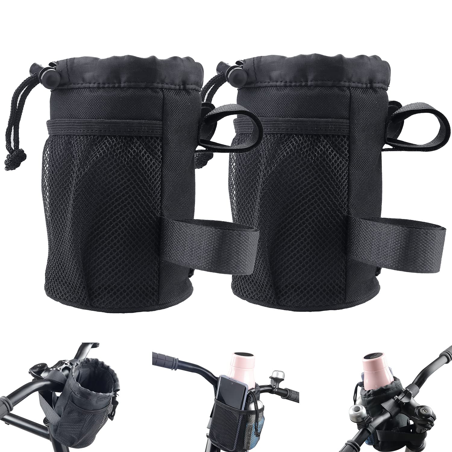 2 Pack Bike Cup Holder Bag Bicycle Handlebar Water Bottle Holder with Mesh Oxford Pocket Phone Drink Cup Holder for Mountain Bikes,Road Bikes,e-Bike,Kids Bikes,Wheelchairs,Cruisers, etc