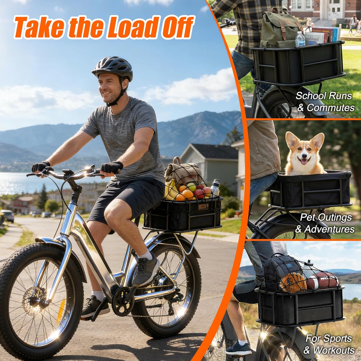 Rear Bike Basket Large Capacity - 210LBS Heavy-Duty Cargo Basket, All-Weather E-Bike & Scooter Accessories with Cover, Perfect for Grocery Hauls, Pet Transport & Commuting