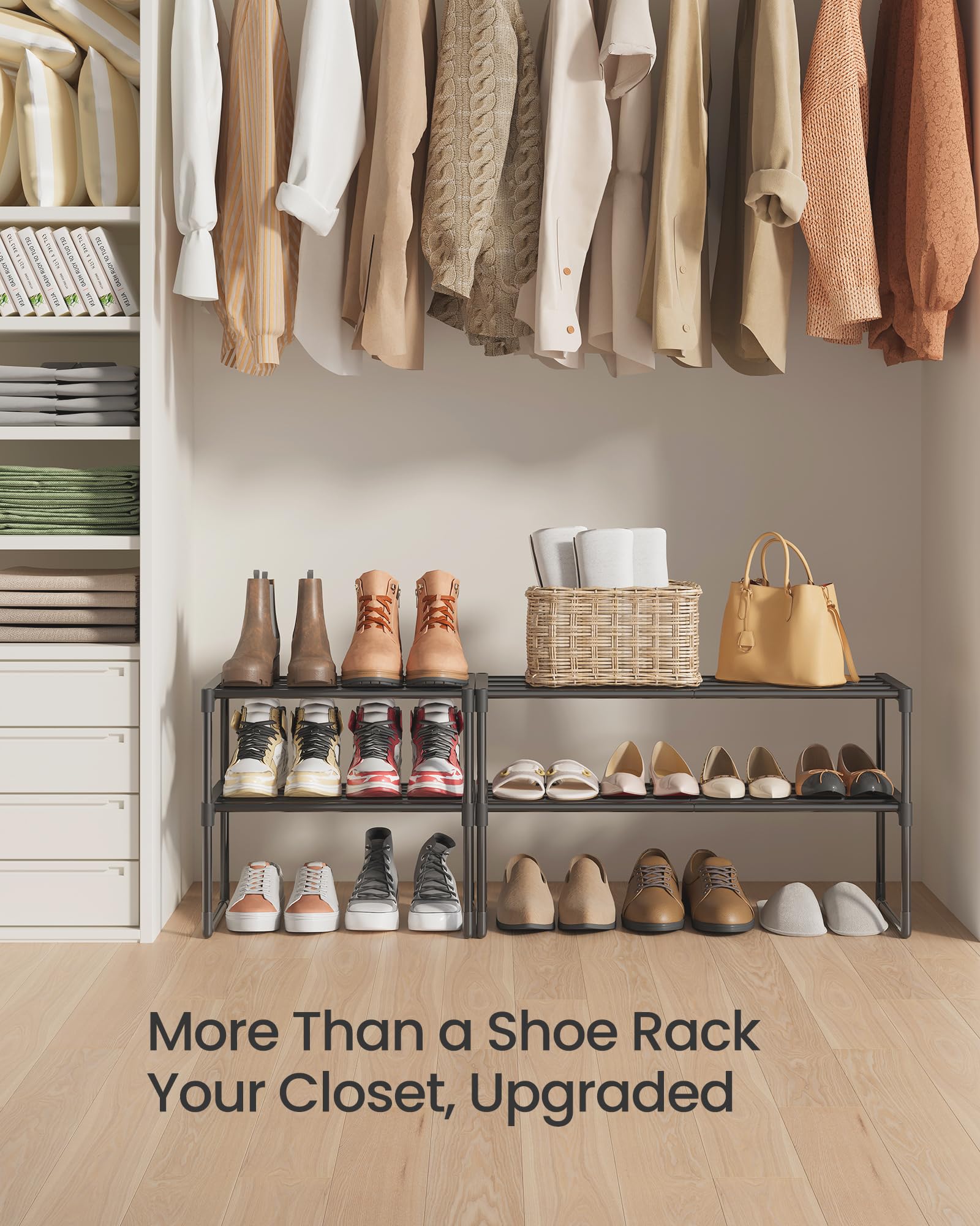 SONGMICS Shoe Rack, 3-Tier Shoe Organizer, Metal Storage Shelf, Upright or Upside Down, for 16-20 Pairs, Stackable, for Entryway, 11.8 x 36.2 x 21.7 Inches, Black ULSA303B02