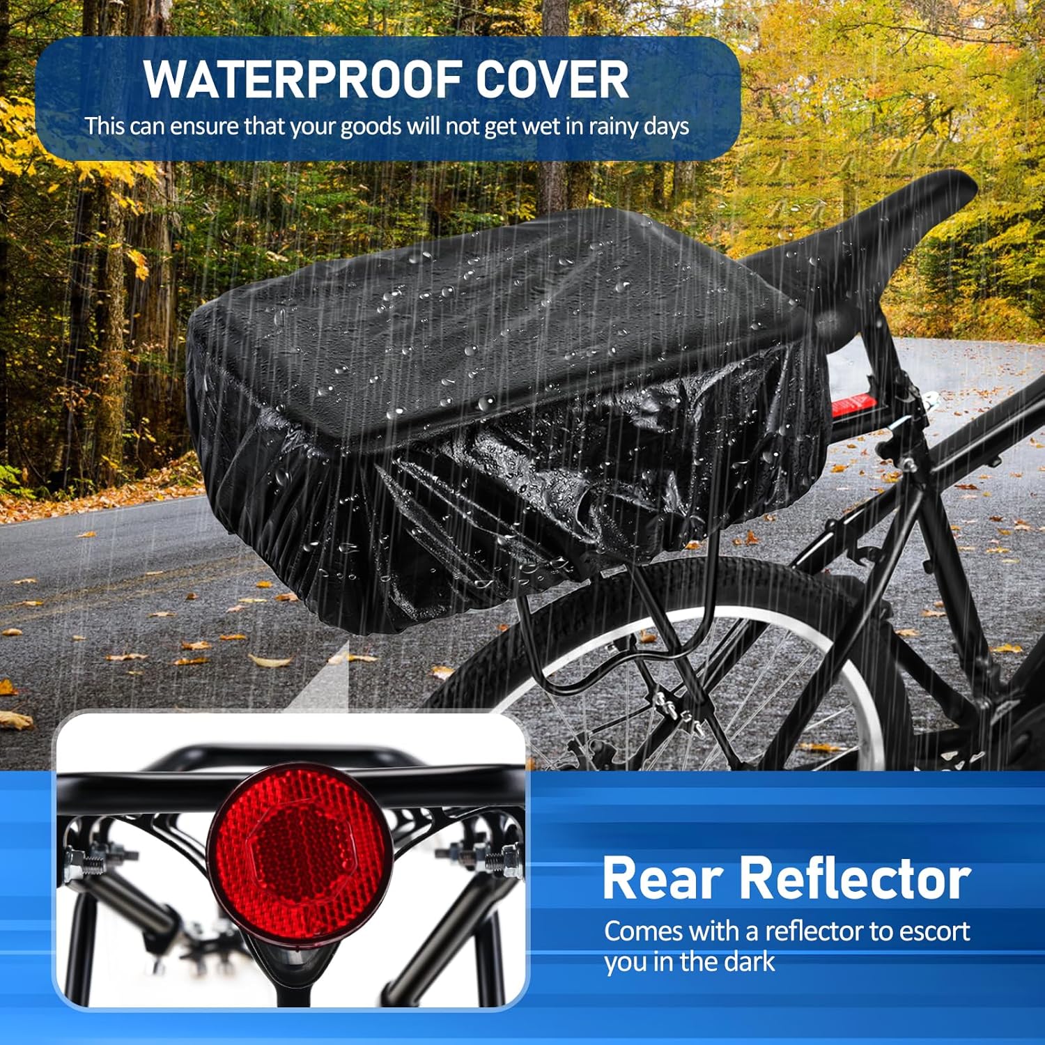 Upgraded Rear Bike Rack with Basket, Removable Adjustable Bike Basket Rear with Liner,Waterproof Cover,Cargo Net, Heavy Duty Bicycle Rear Basket for Most Bikes and E-Bike