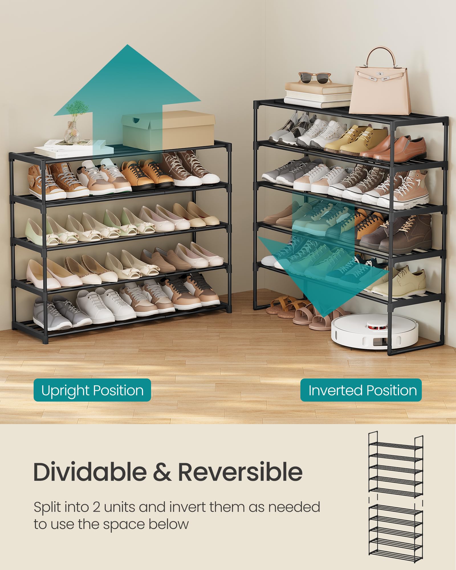 SONGMICS Shoe Rack, 3-Tier Shoe Organizer, Metal Storage Shelf, Upright or Upside Down, for 16-20 Pairs, Stackable, for Entryway, 11.8 x 36.2 x 21.7 Inches, Black ULSA303B02