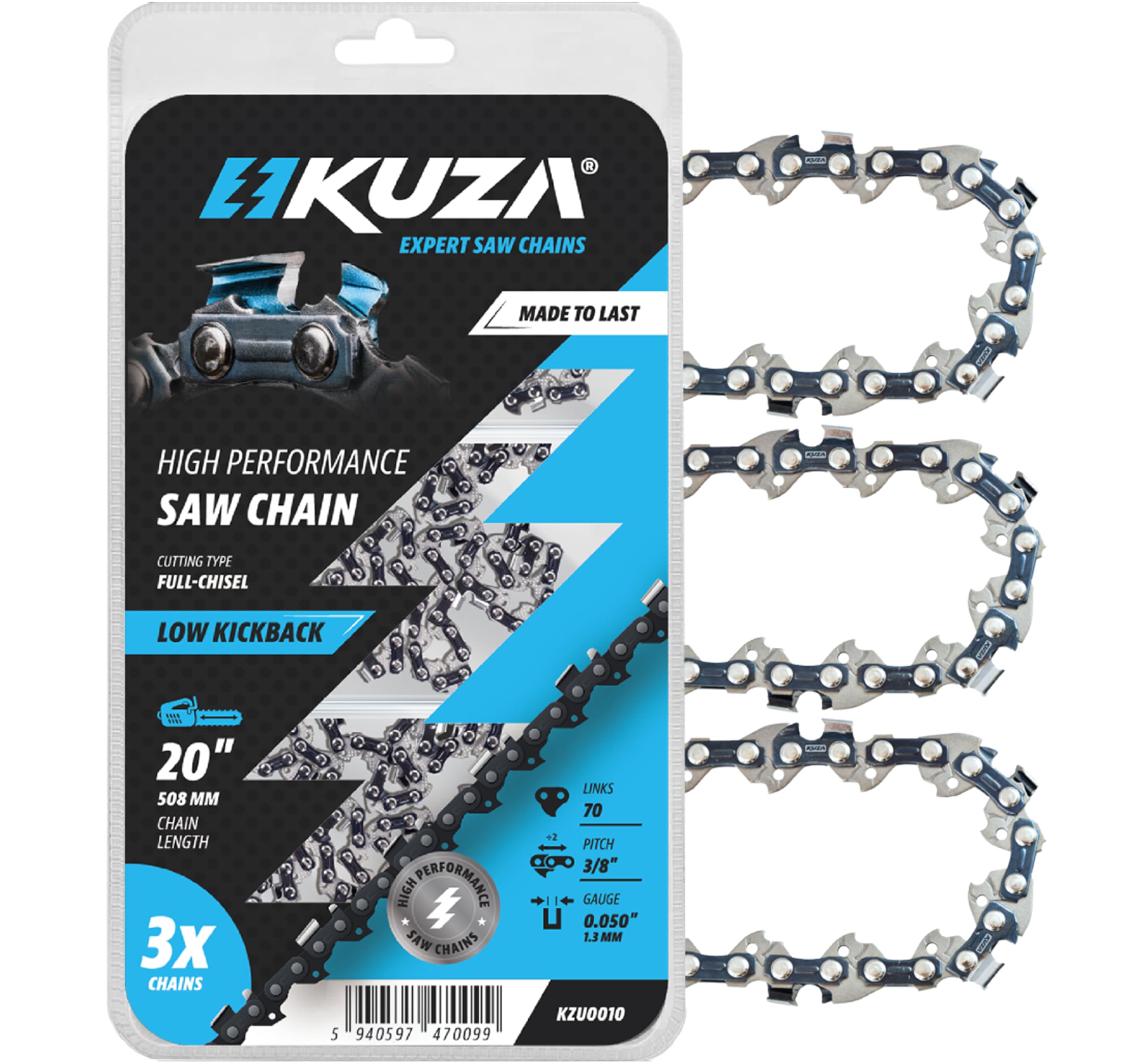 Premium 20 Inch Chainsaw Chain 3/8" Pitch .063" Gauge 72 DL - Fits Husqvarna 480, 465 (Rancher), 570XP, 575XP, 576XP, STIHL and More - 203ATMD009, 75LPX072G, 75EXL072G, 75EXJ072G (3 Chains)
