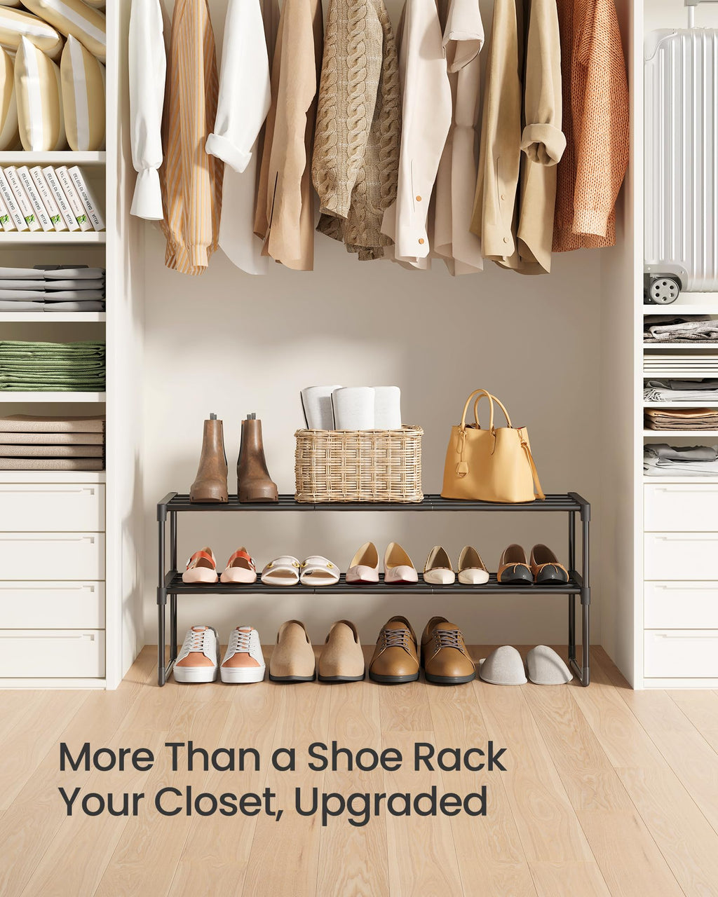 SONGMICS Shoe Rack, 3-Tier Shoe Organizer, Metal Storage Shelf, Upright or Upside Down, for 16-20 Pairs, Stackable, for Entryway, 11.8 x 36.2 x 21.7 Inches, Black ULSA303B02