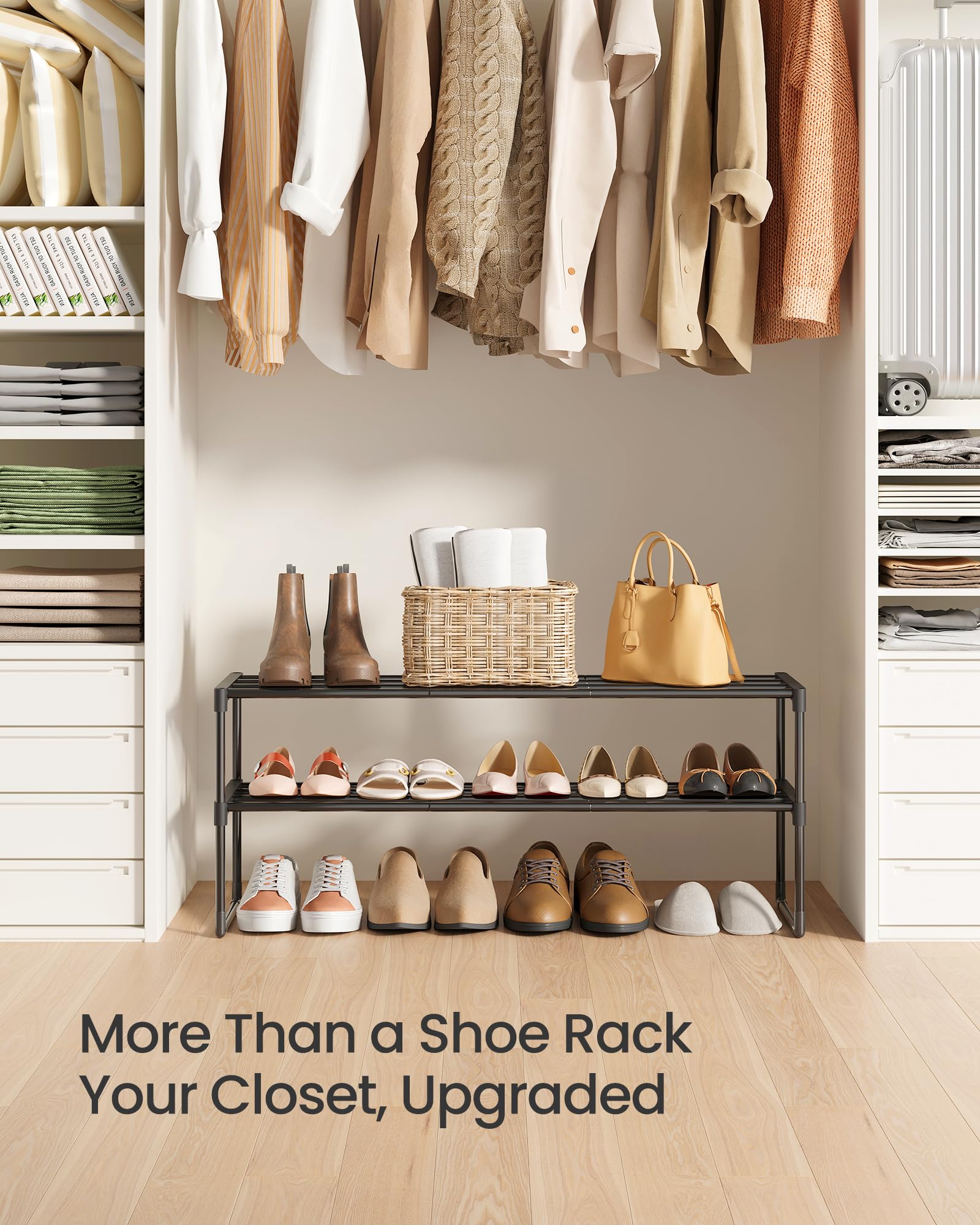 SONGMICS Shoe Rack, 3-Tier Shoe Organizer, Metal Storage Shelf, Upright or Upside Down, for 16-20 Pairs, Stackable, for Entryway, 11.8 x 36.2 x 21.7 Inches, Black ULSA303B02