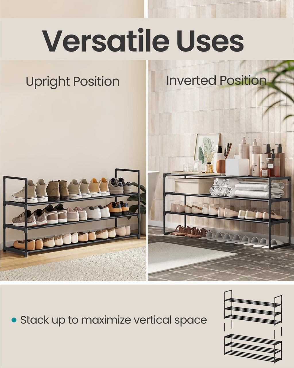 SONGMICS Shoe Rack, 3-Tier Shoe Organizer, Metal Storage Shelf, Upright or Upside Down, for 16-20 Pairs, Stackable, for Entryway, 11.8 x 36.2 x 21.7 Inches, Black ULSA303B02