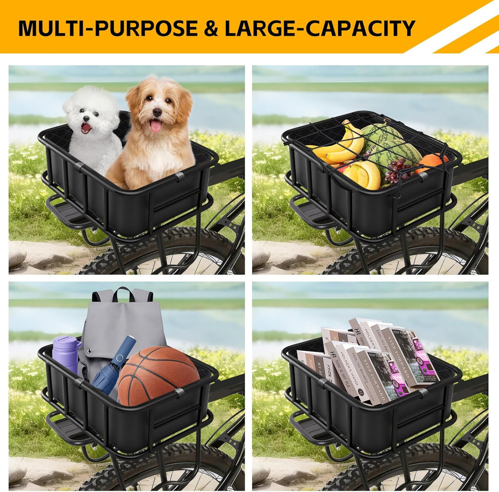 Bike Basket Rear Rack Bike Basket with Cargo Net and Liner Large Bicycle Basket Heavy Duty Bicycle Rear Basket with Liner Waterproof Cover Cargo Net