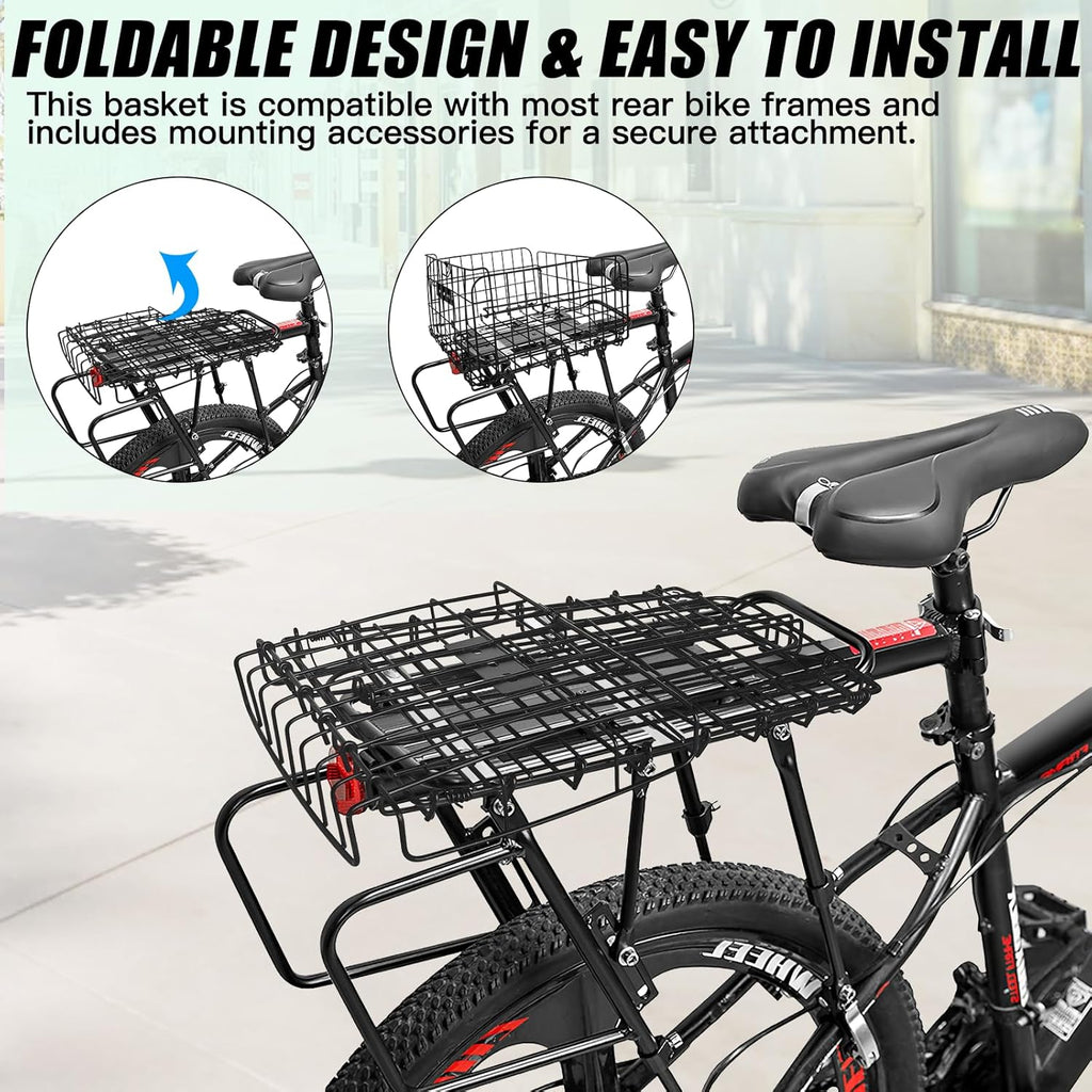 RAYMACE Bike Basket Rear,Bicycle Basket with Removable Liner,Rainproof Cover and Cargo Net,Folding Bike Baskets for Adult,Quick Release Design Fits for Most Rear Mounted Bike Rack