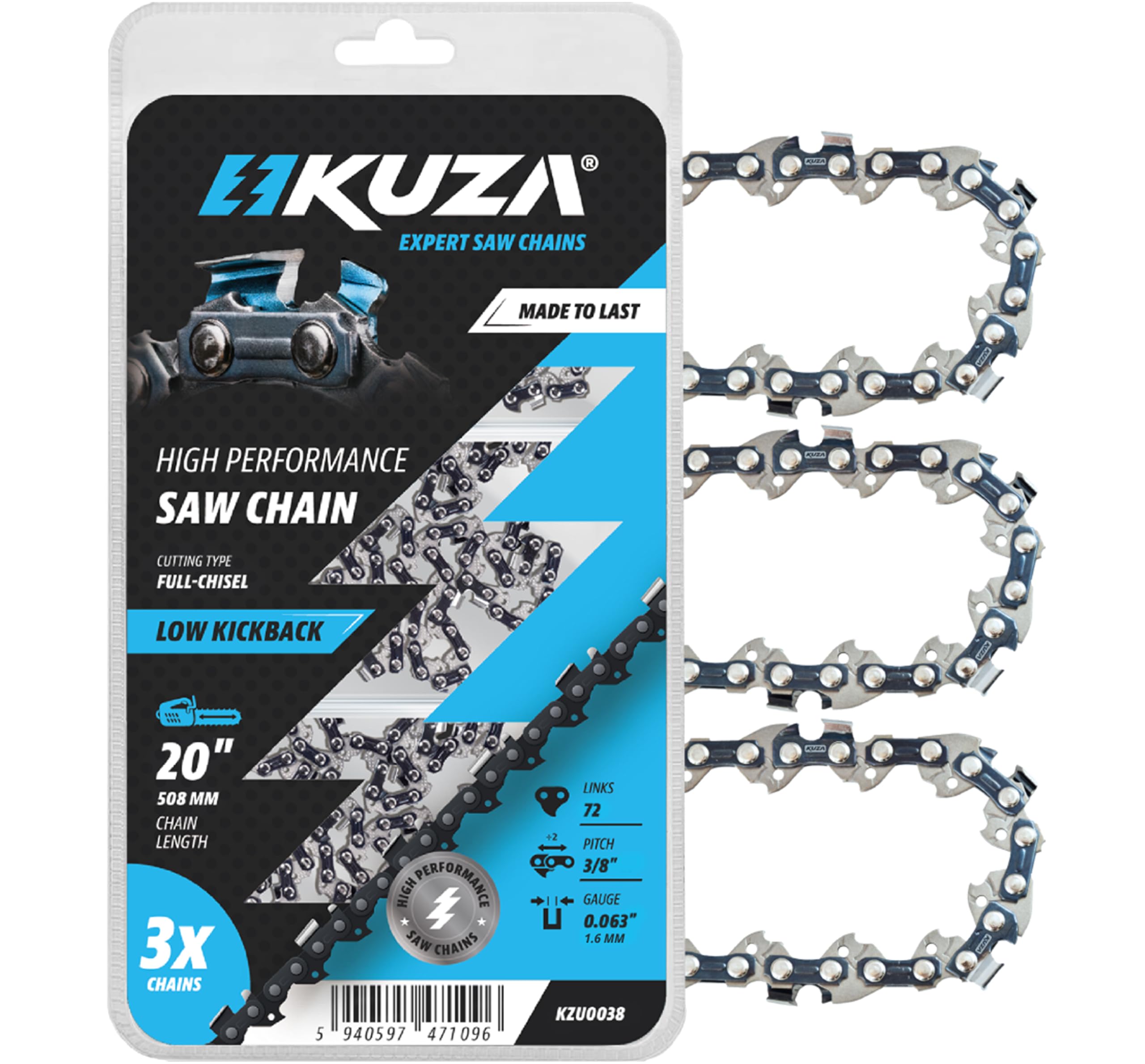 Premium 20 Inch Chainsaw Chain 3/8" Pitch .063" Gauge 72 DL - Fits Husqvarna 480, 465 (Rancher), 570XP, 575XP, 576XP, STIHL and More - 203ATMD009, 75LPX072G, 75EXL072G, 75EXJ072G (3 Chains)