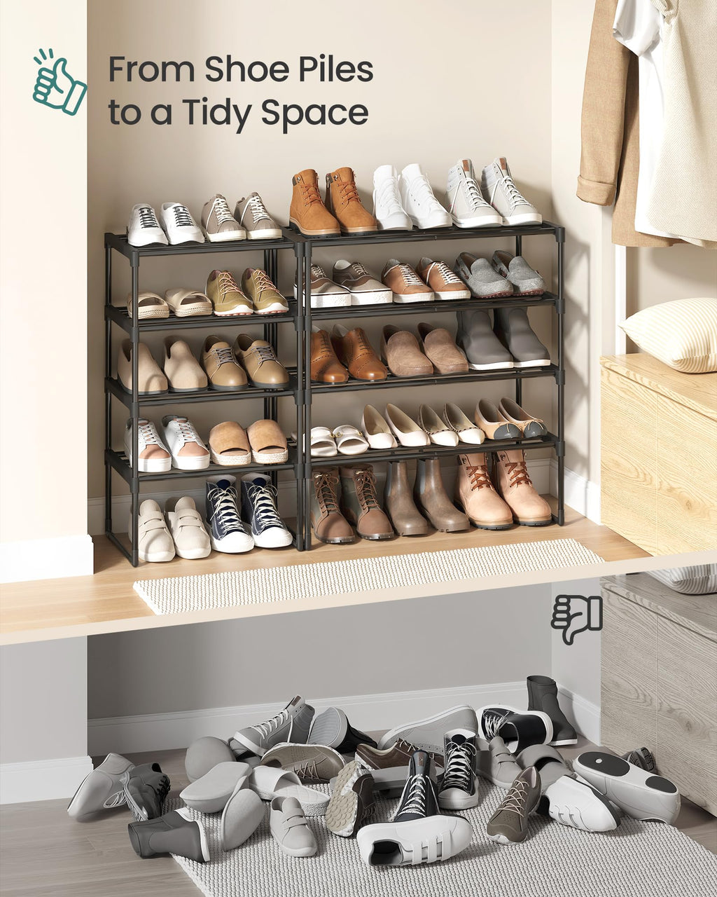 SONGMICS Shoe Rack, 3-Tier Shoe Organizer, Metal Storage Shelf, Upright or Upside Down, for 16-20 Pairs, Stackable, for Entryway, 11.8 x 36.2 x 21.7 Inches, Black ULSA303B02