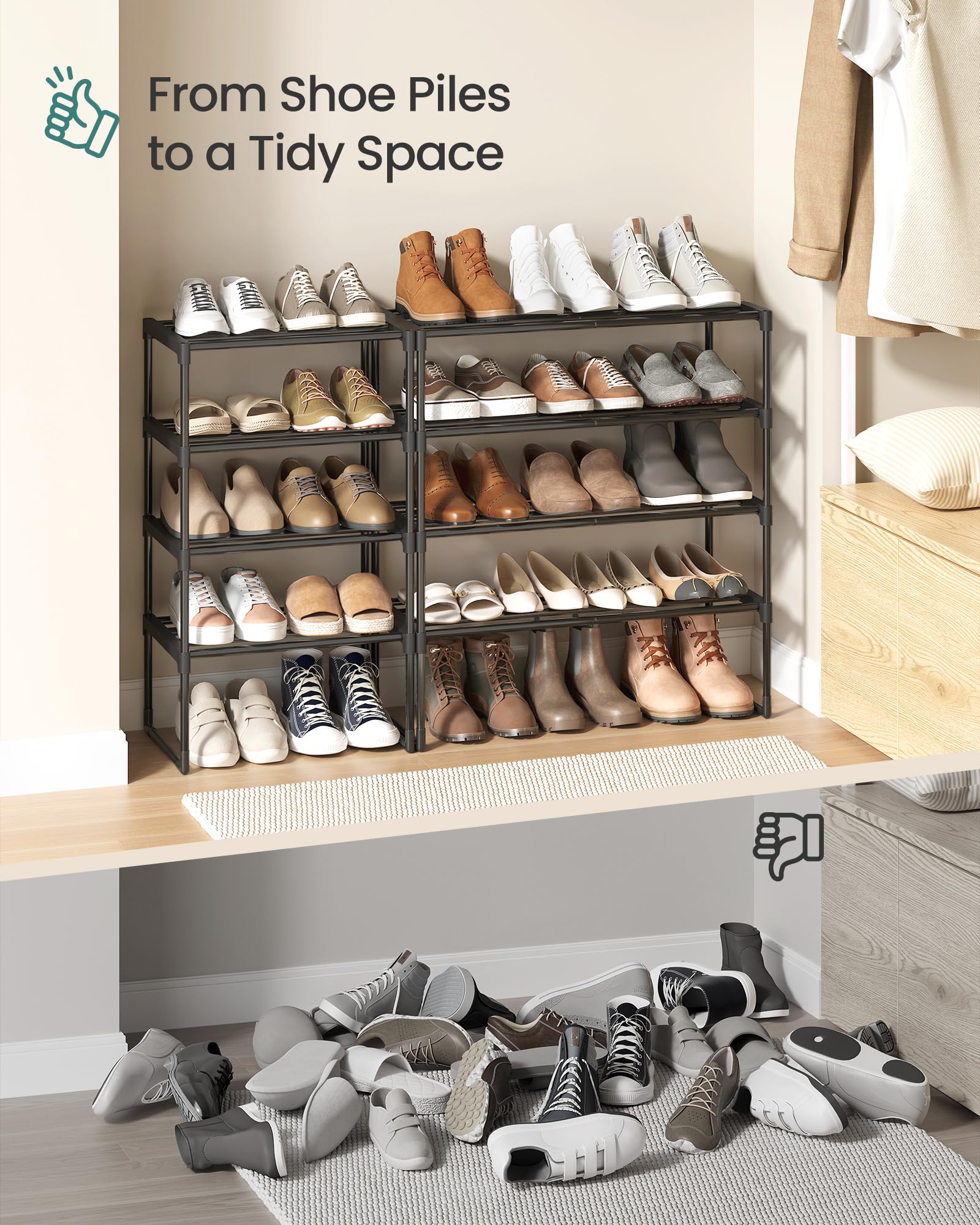 SONGMICS Shoe Rack, 3-Tier Shoe Organizer, Metal Storage Shelf, Upright or Upside Down, for 16-20 Pairs, Stackable, for Entryway, 11.8 x 36.2 x 21.7 Inches, Black ULSA303B02