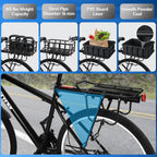 Upgraded Rear Bike Rack with Basket, Removable Adjustable Bike Basket Rear with Liner,Waterproof Cover,Cargo Net, Heavy Duty Bicycle Rear Basket for Most Bikes and E-Bike