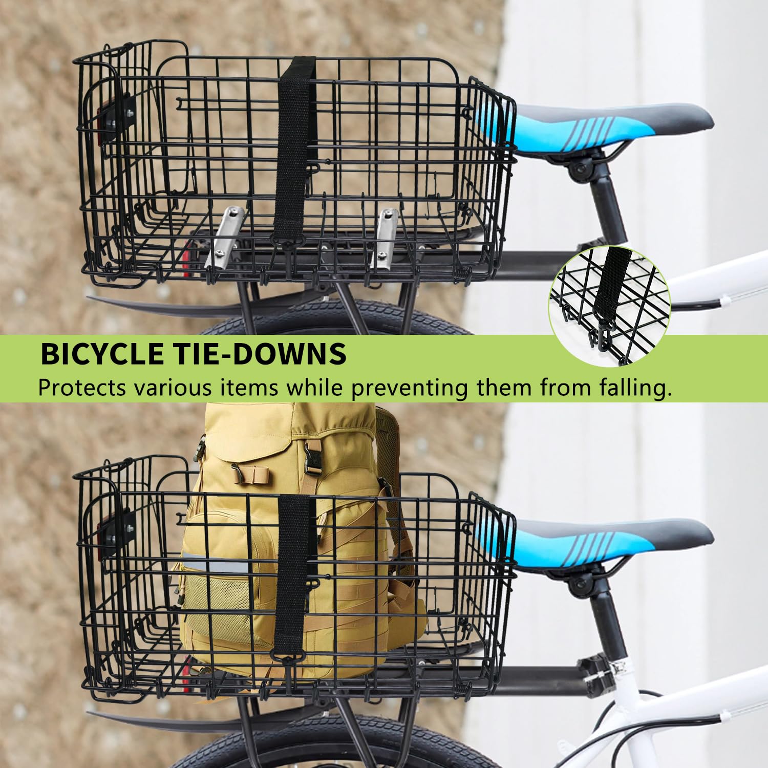 Folding Rear Bike Basket, Huntoshon Quickly Release Metal Bicycle Rack Cargo Basket with Strap & Reflective Tail Light for Most Mounted Bike Rack