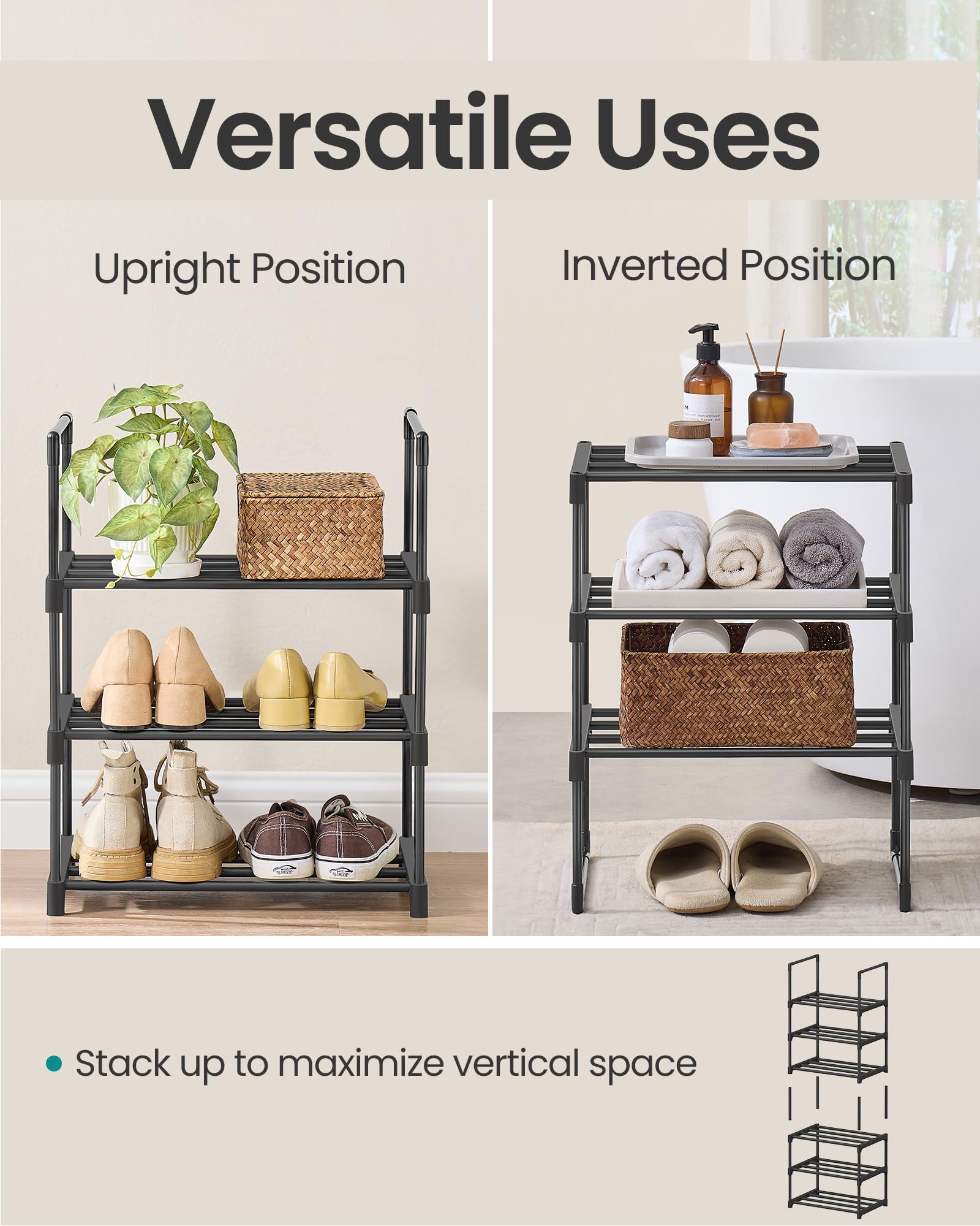 SONGMICS Shoe Rack, 3-Tier Shoe Organizer, Metal Storage Shelf, Upright or Upside Down, for 16-20 Pairs, Stackable, for Entryway, 11.8 x 36.2 x 21.7 Inches, Black ULSA303B02