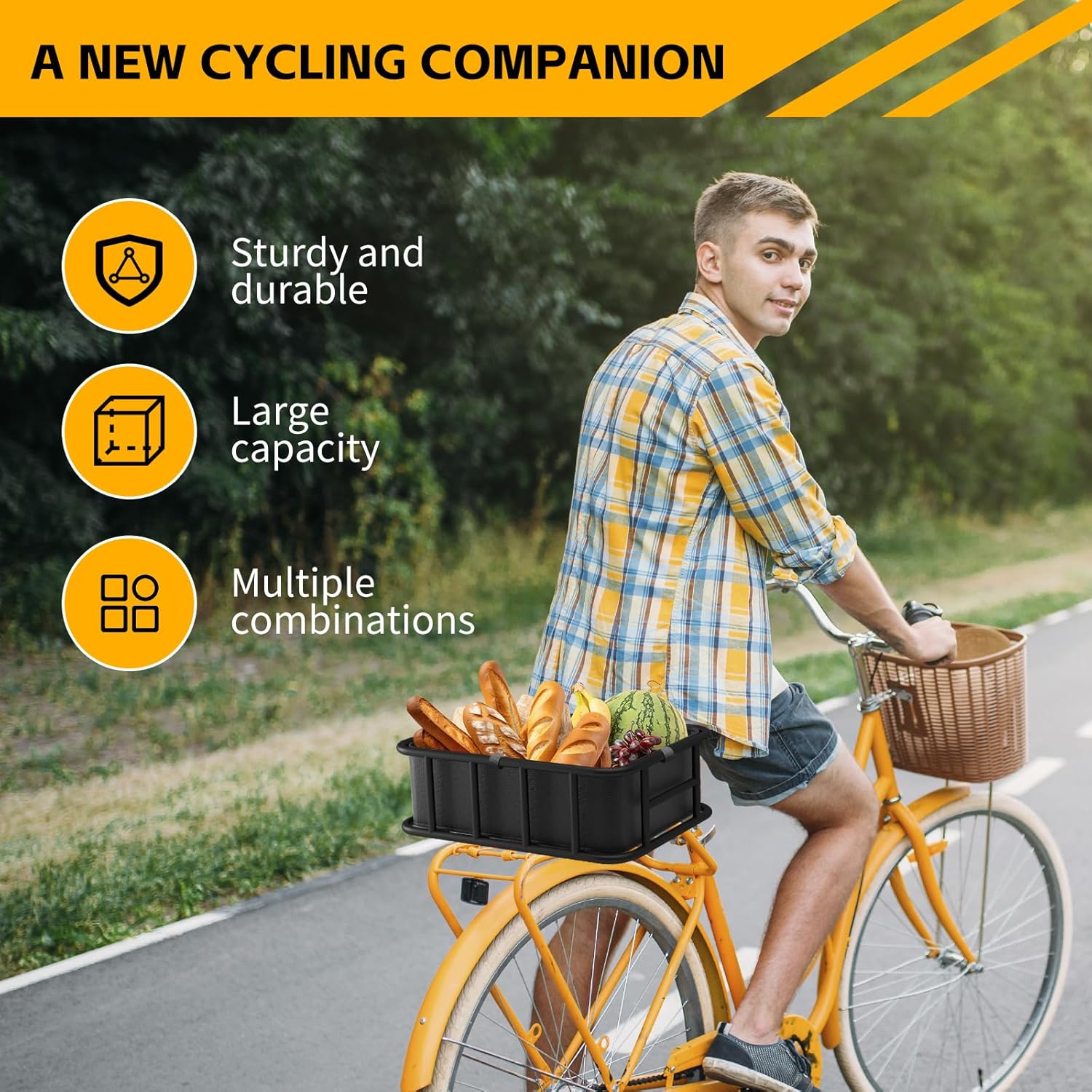 Bike Basket Rear Rack Bike Basket with Cargo Net and Liner Large Bicycle Basket Heavy Duty Bicycle Rear Basket with Liner Waterproof Cover Cargo Net